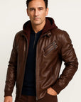 Mens Winter Jacket Waterproof Black PU Leather Removable Hood Casual Stylish 1