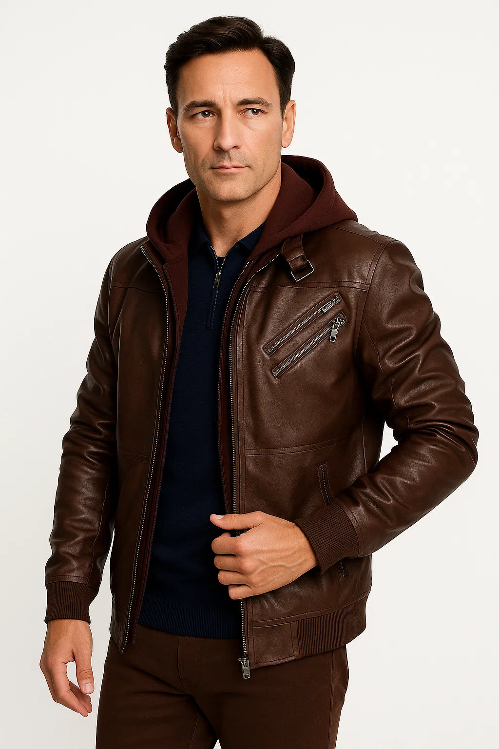 Mens Winter Jacket Waterproof Black PU Leather Removable Hood Casual Stylish 2