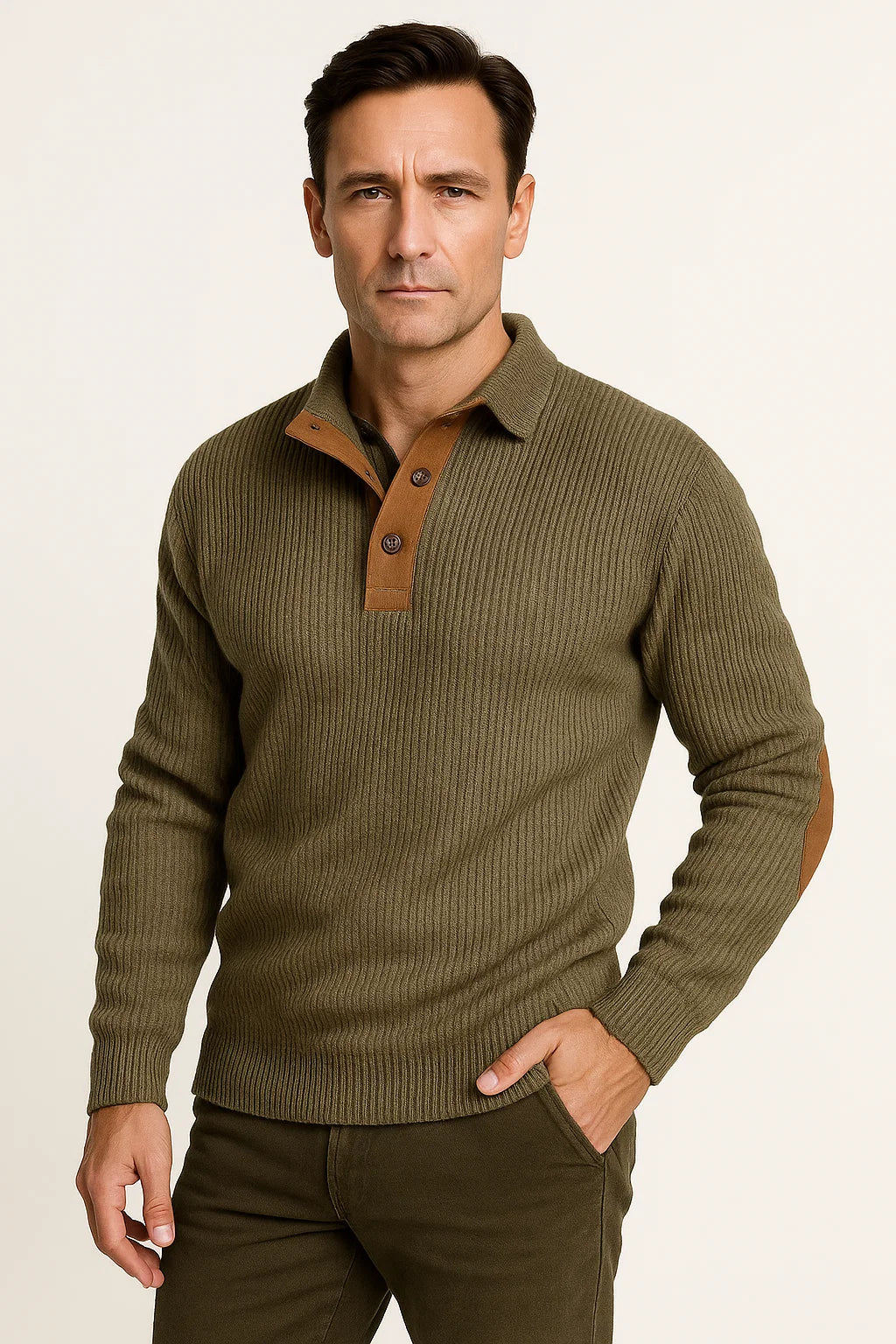 Mens Sweater Polyester Classic Casual with Suede Elbow Patches Button-Up Collar 1