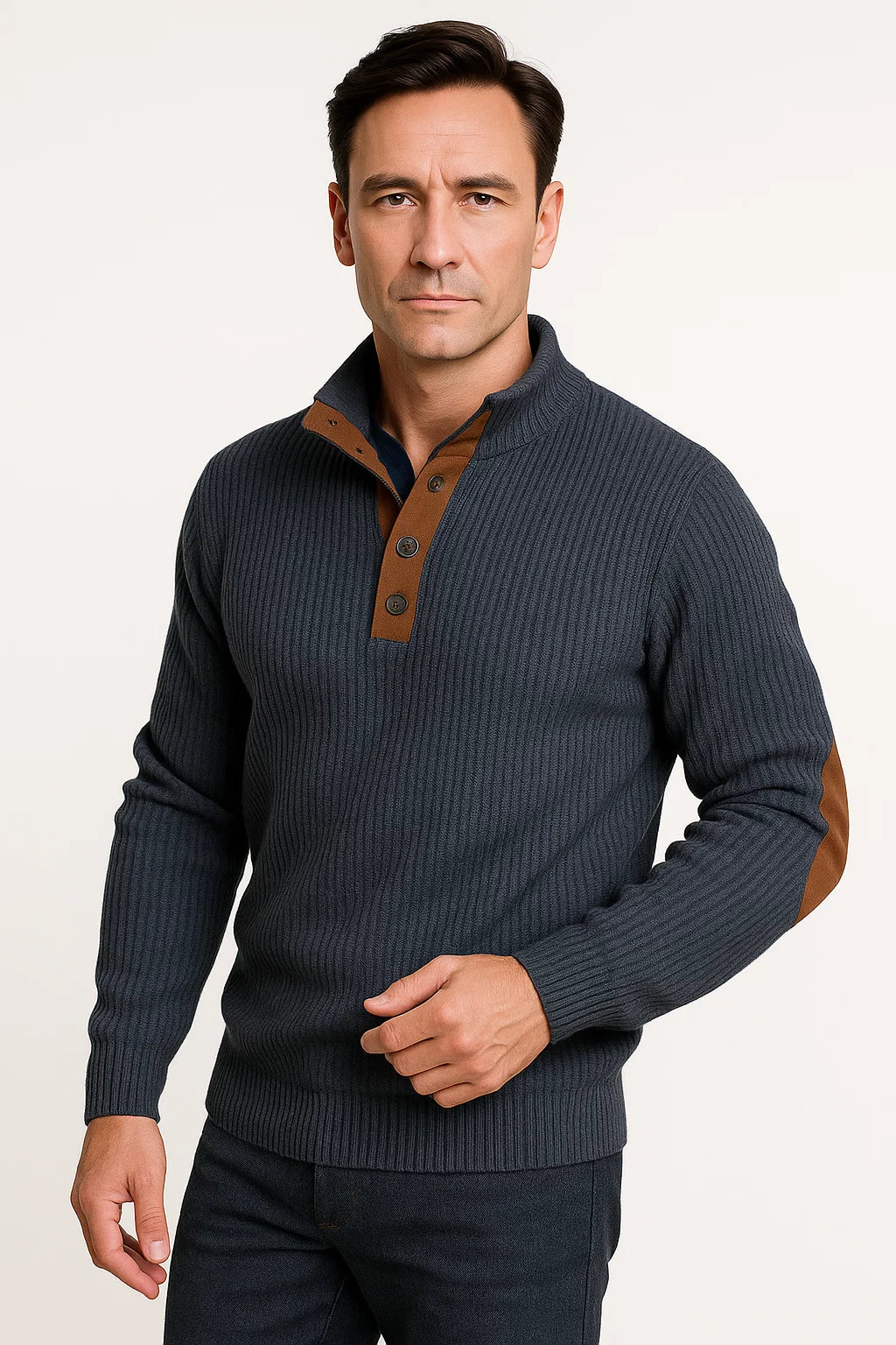 Mens Sweater Polyester Classic Casual with Suede Elbow Patches Button-Up Collar 2