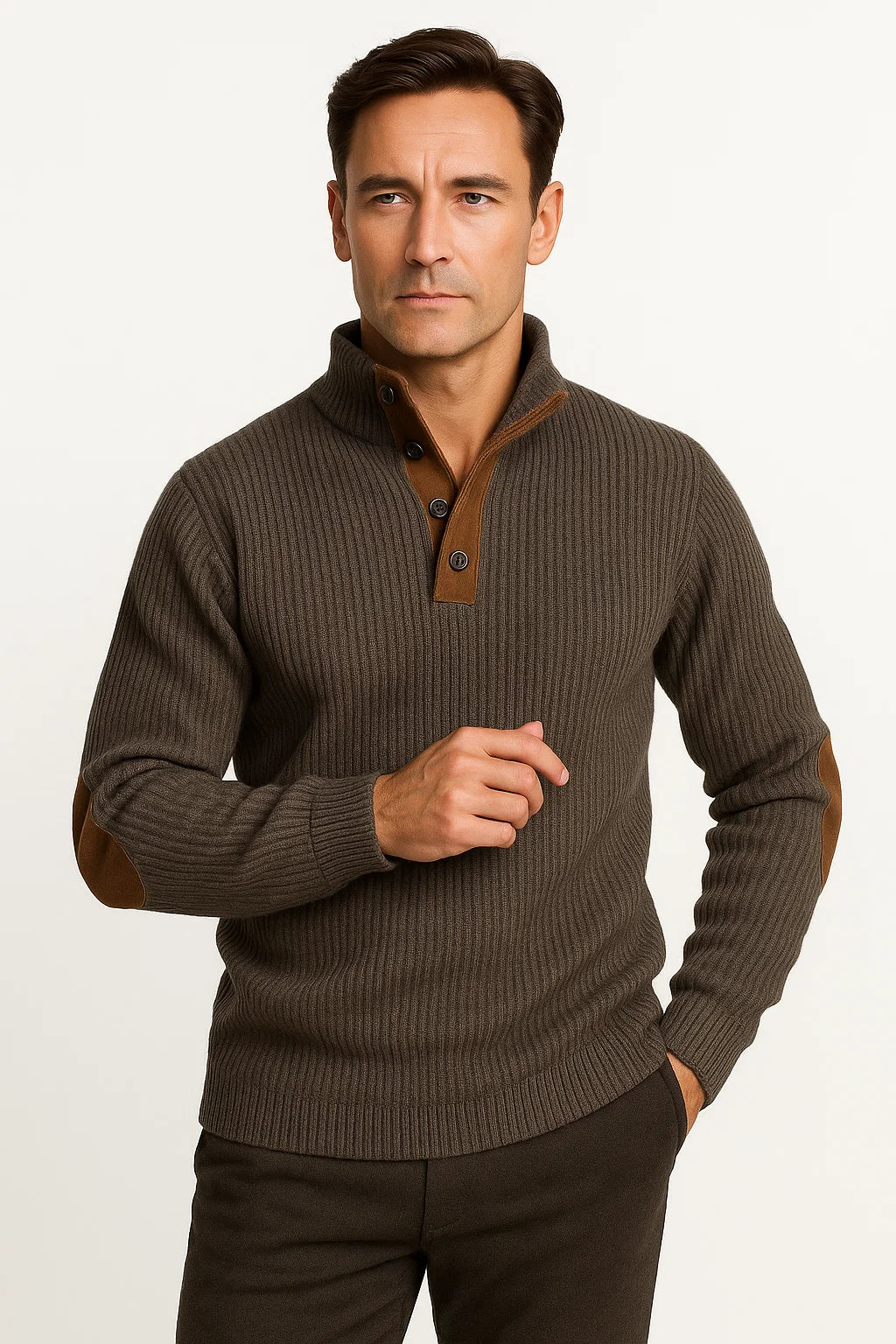 Mens Sweater Polyester Classic Casual with Suede Elbow Patches Button-Up Collar 3