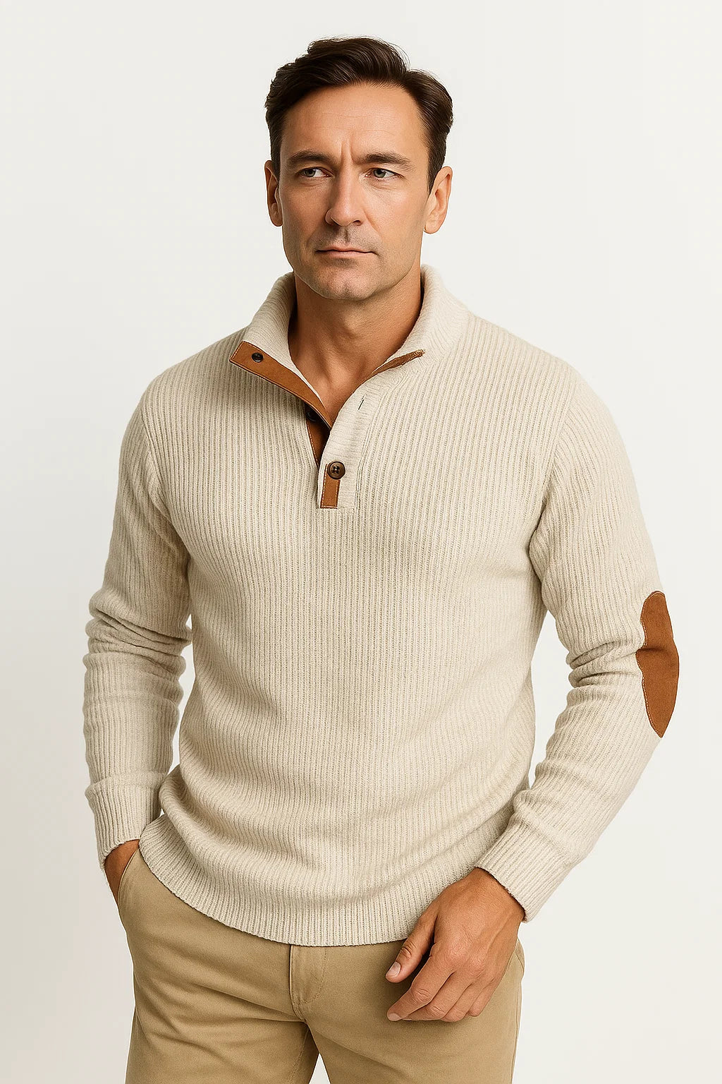 Mens Sweater Polyester Classic Casual with Suede Elbow Patches Button-Up Collar 4