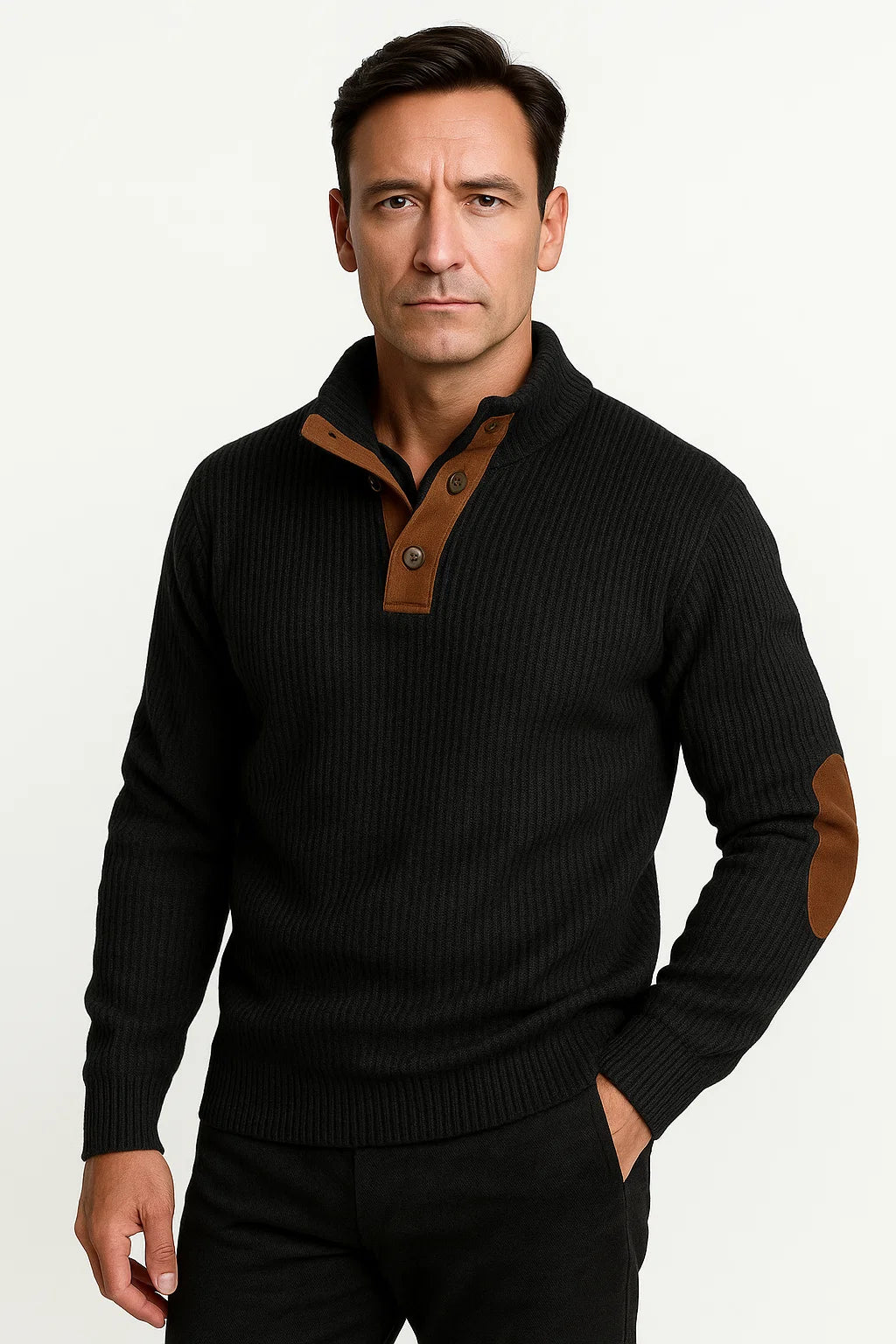 Mens Sweater Polyester Classic Casual with Suede Elbow Patches Button-Up Collar 5