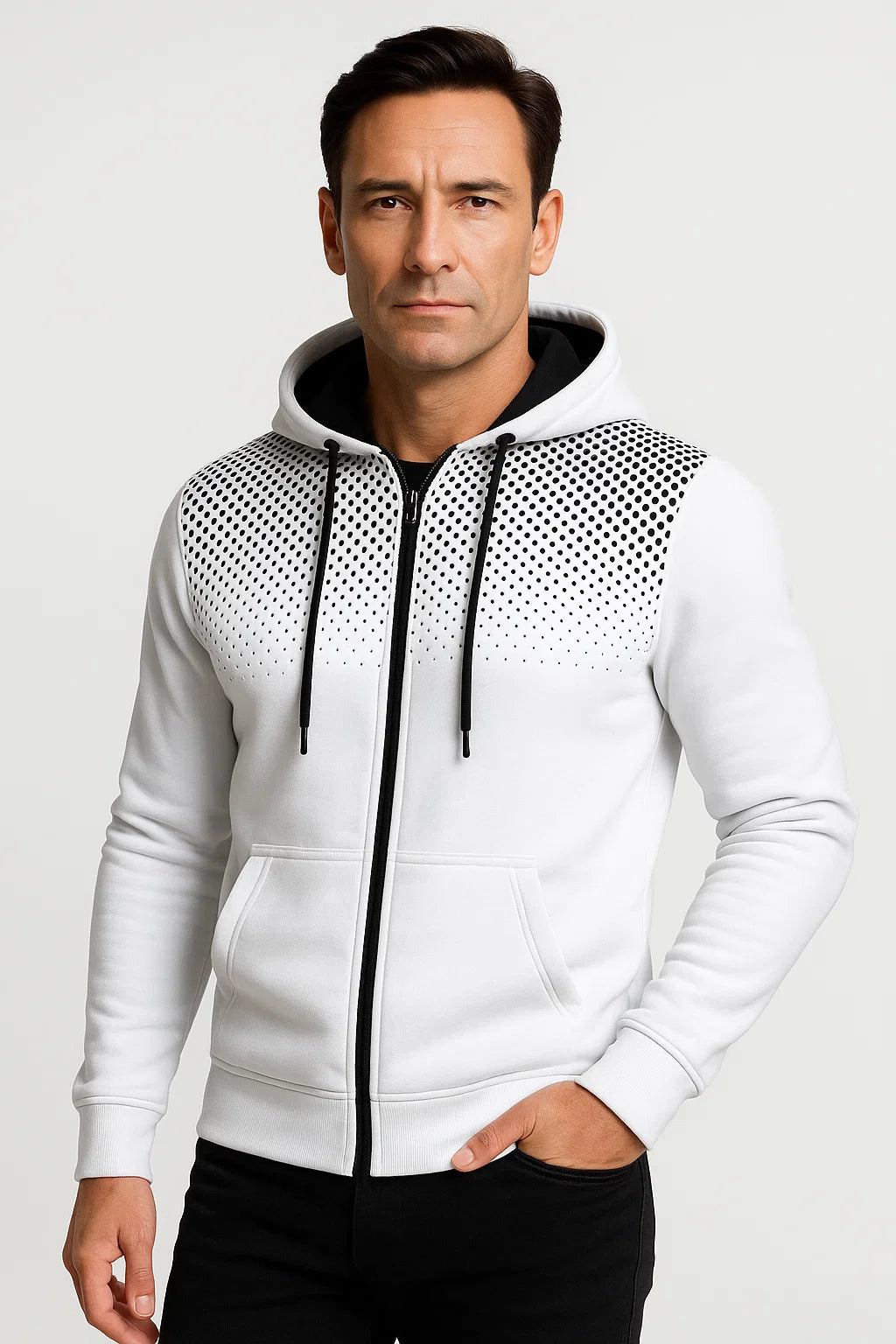 Mens Hoodie Light Blue Polka Dot Fleece Casual with Zipper 1
