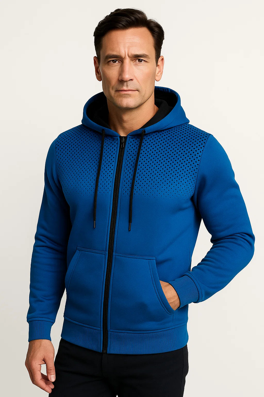 Mens Hoodie Light Blue Polka Dot Fleece Casual with Zipper 3