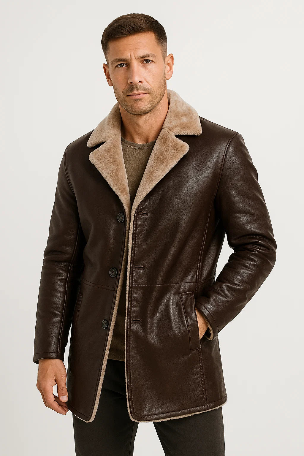 Mens Faux Leather Jacket Longline Tailored Notch Lapel Winter Wear 1