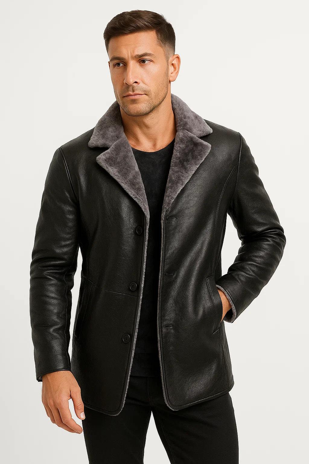 Mens Faux Leather Jacket Longline Tailored Notch Lapel Winter Wear 3
