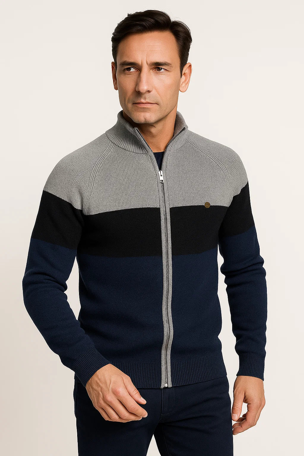 Mens Lightweight Full-Zip Cotton Sweater Jacket Color Block 1