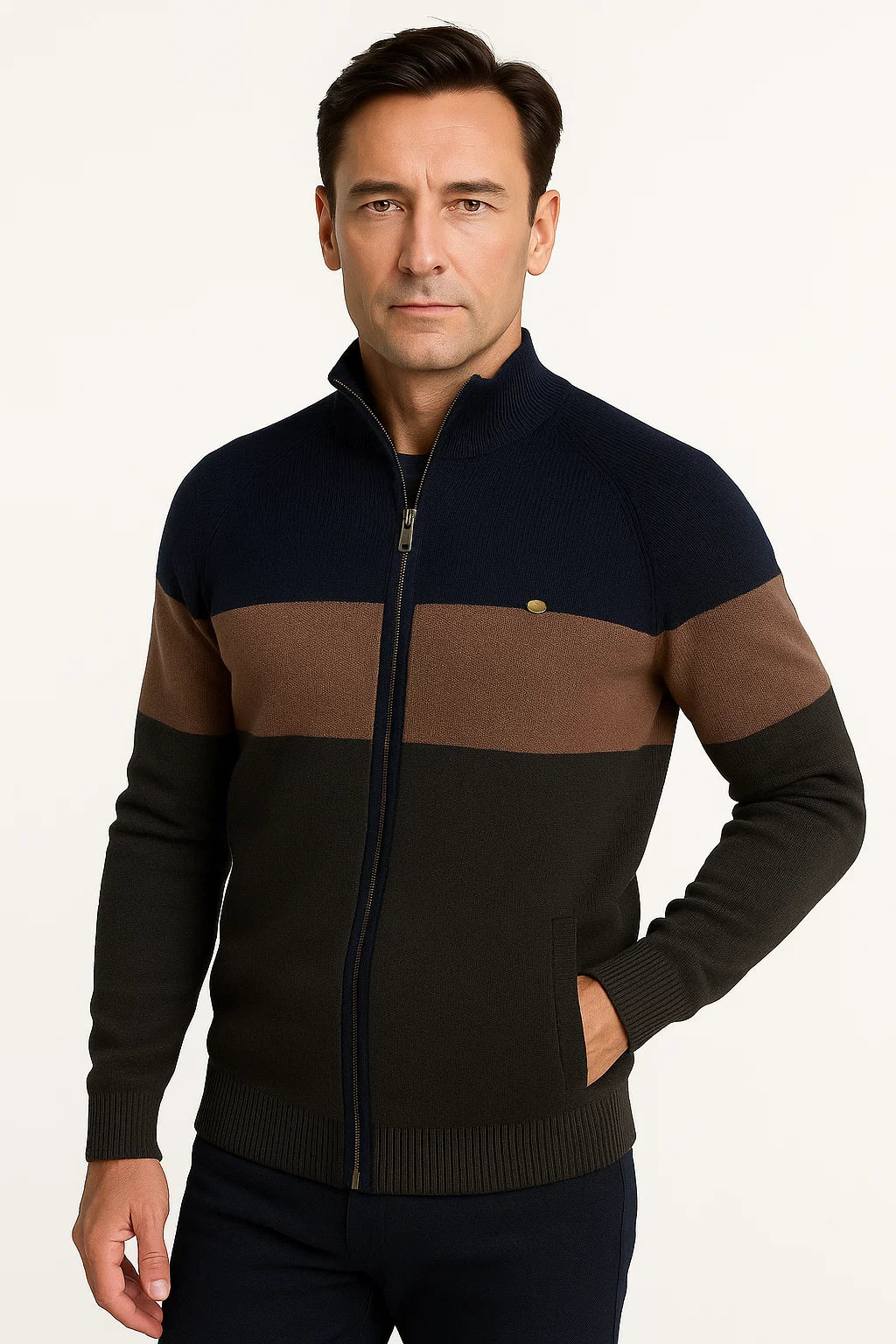Mens Lightweight Full-Zip Cotton Sweater Jacket Color Block 3