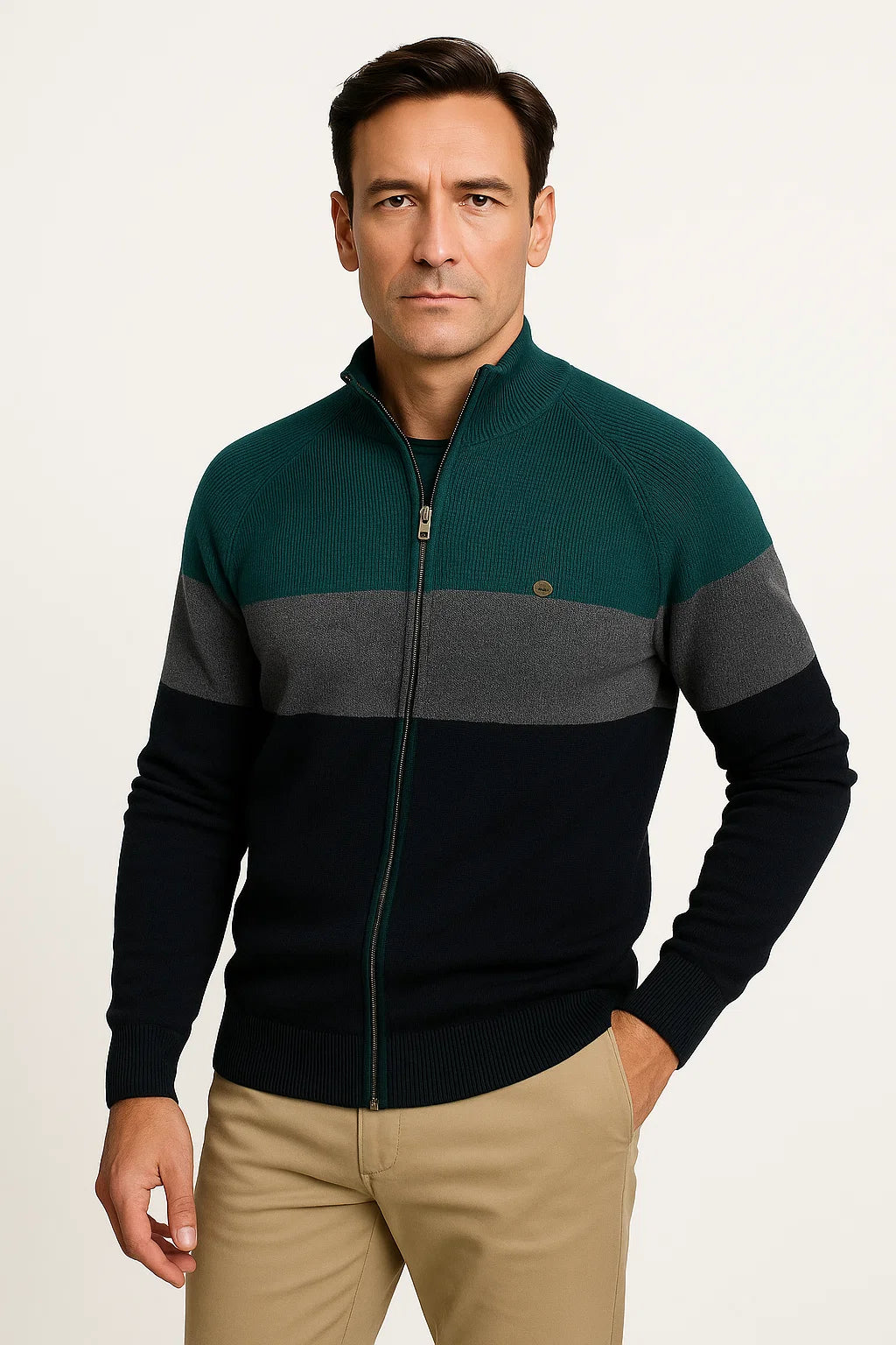 Mens Lightweight Full-Zip Cotton Sweater Jacket Color Block 4