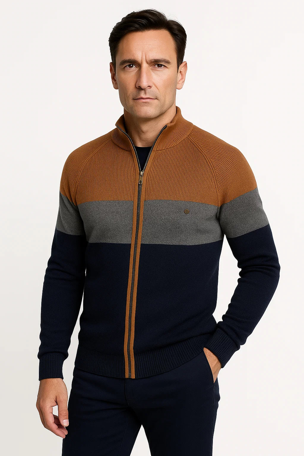 Mens Lightweight Full-Zip Cotton Sweater Jacket Color Block 5
