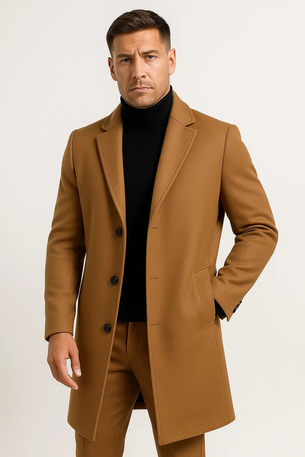 Mens Trench Coat Premium Fabric Mid-Length Notch Lapel Winter Coat 1