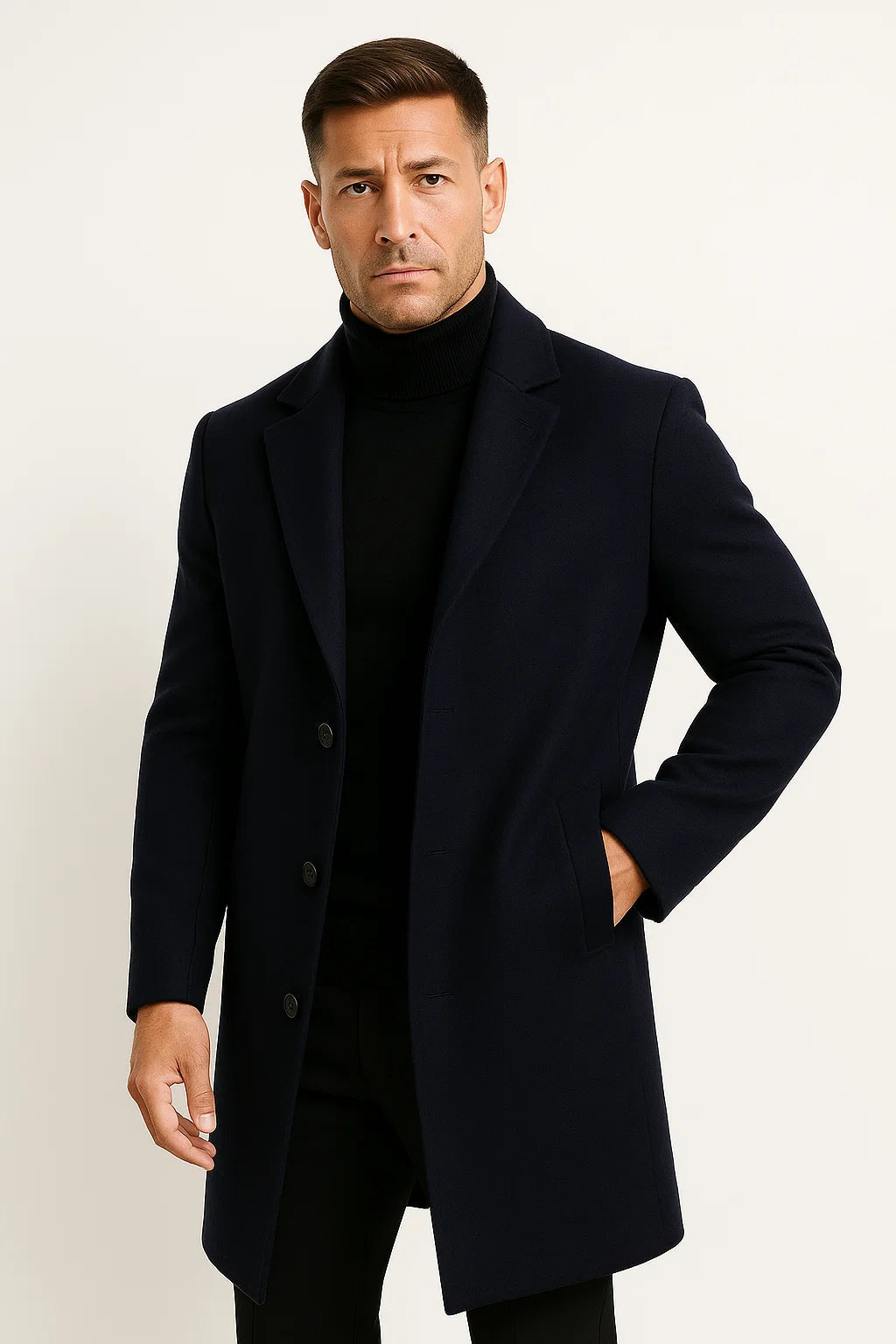Mens Trench Coat Premium Fabric Mid-Length Notch Lapel Winter Coat 3