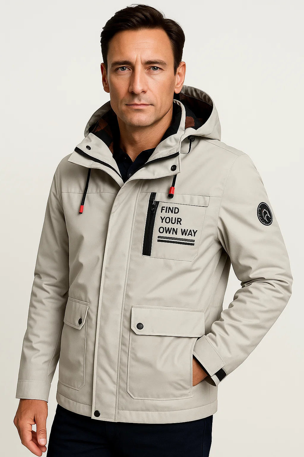 Mens Puffer Jacket Red Water-Resistant Polyester Insulated Adjustable Hood 1