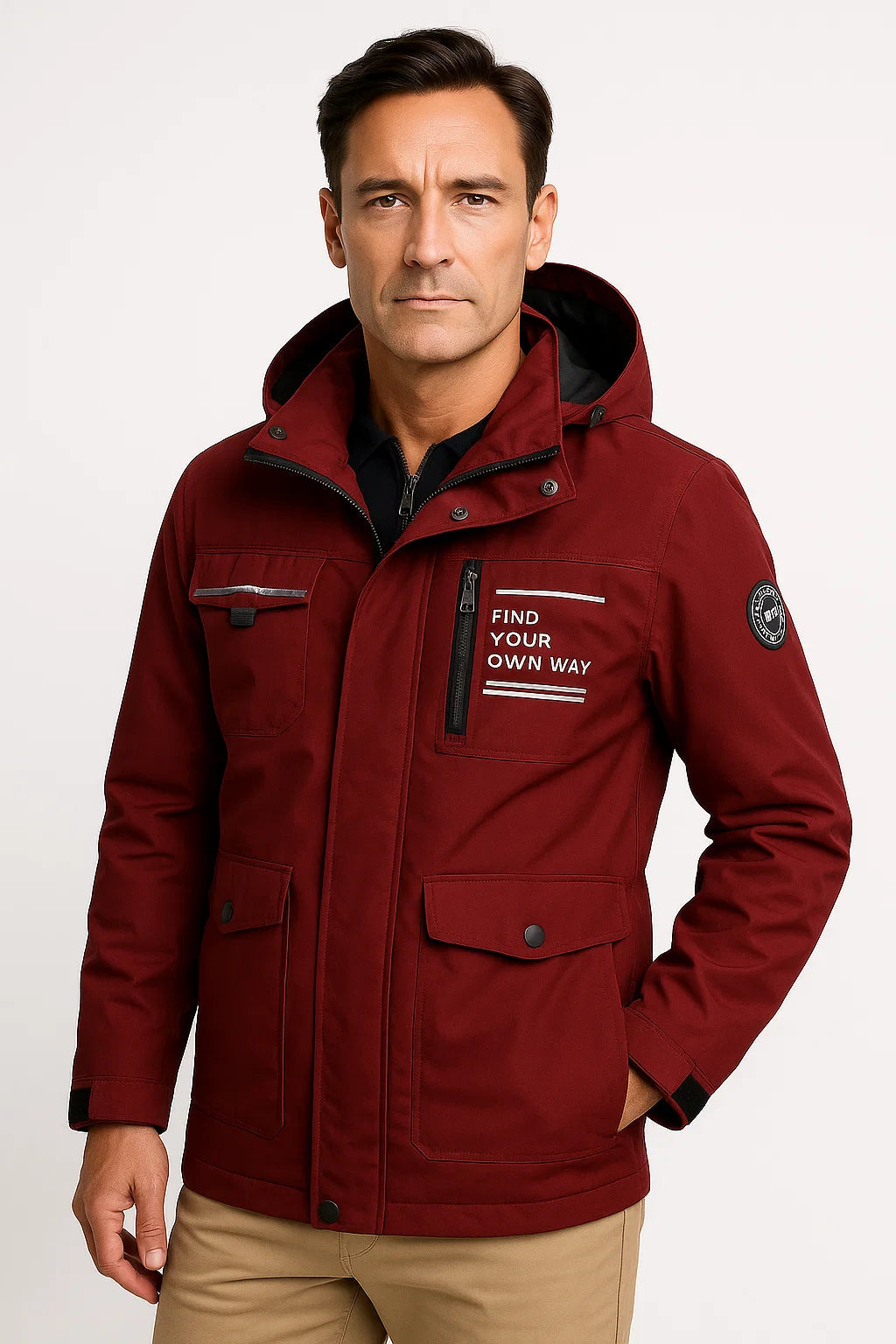 Mens Puffer Jacket Red Water-Resistant Polyester Insulated Adjustable Hood 2