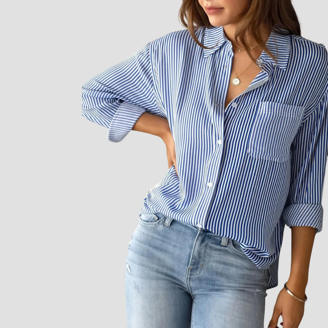 Women's Blouse Cotton-Linen Blend Long Sleeve Striped 2