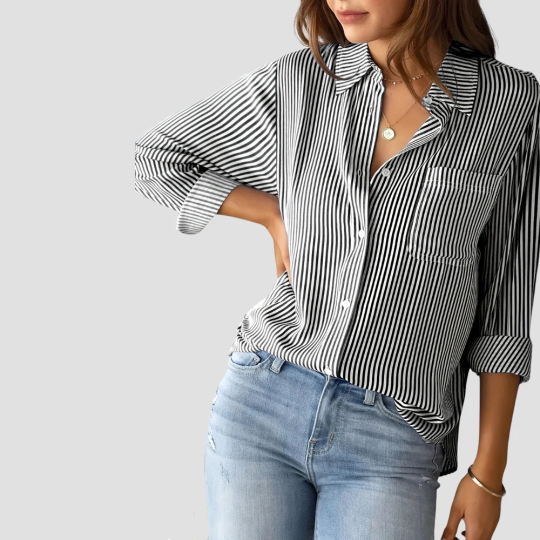 Women's Blouse Cotton-Linen Blend Long Sleeve Striped 4