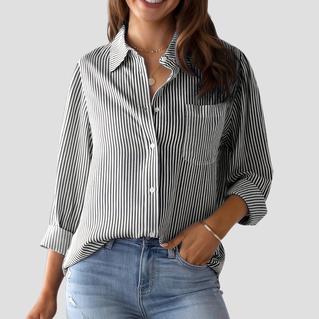 Women's Blouse Cotton-Linen Blend Long Sleeve Striped 5