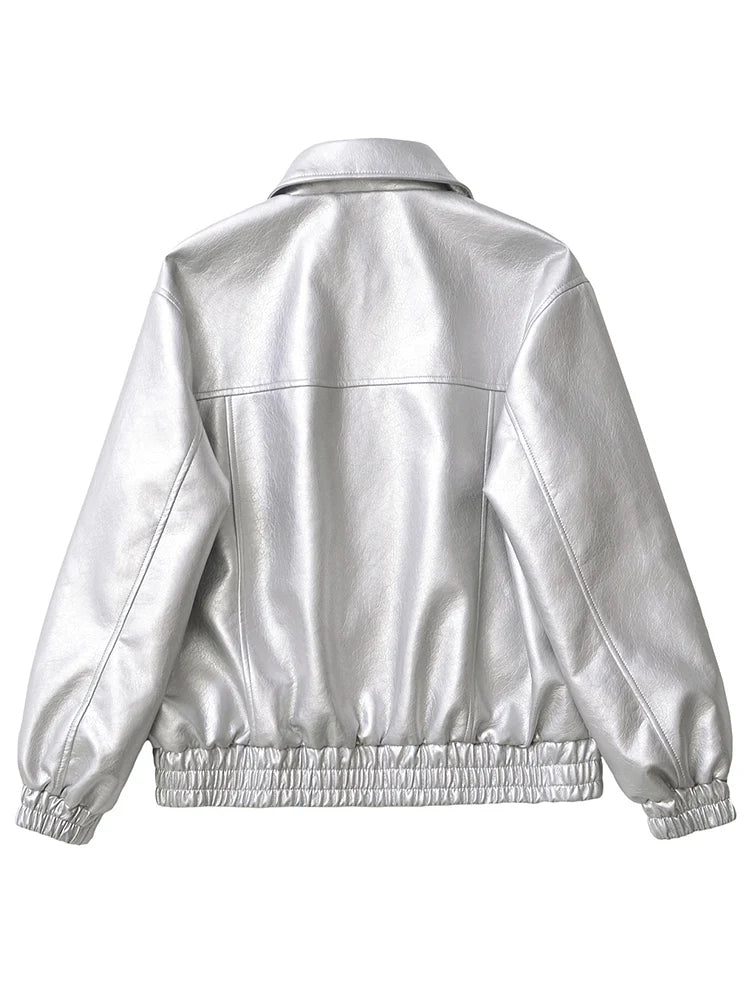 Women&#39;s Faux Leather Jacket Retro Loose Fit Short Zip Coat