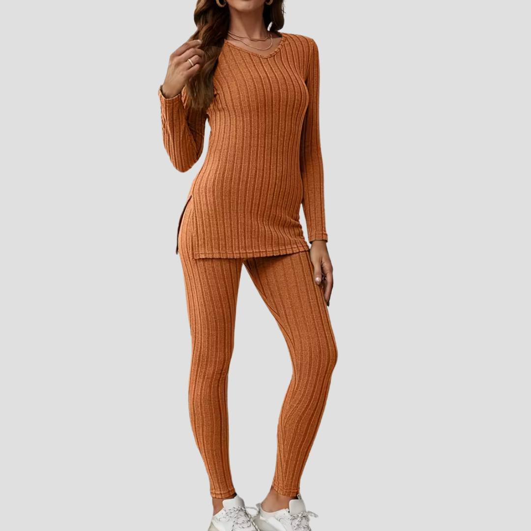 Women's Knitted Co Ord Set Ribbed Long Sleeve Top and Trousers 0
