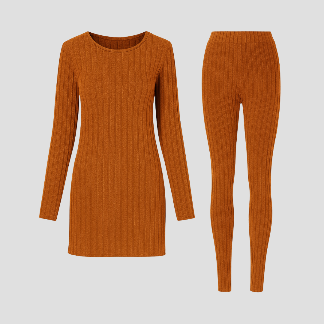 Women's Knitted Co Ord Set Ribbed Long Sleeve Top and Trousers 1