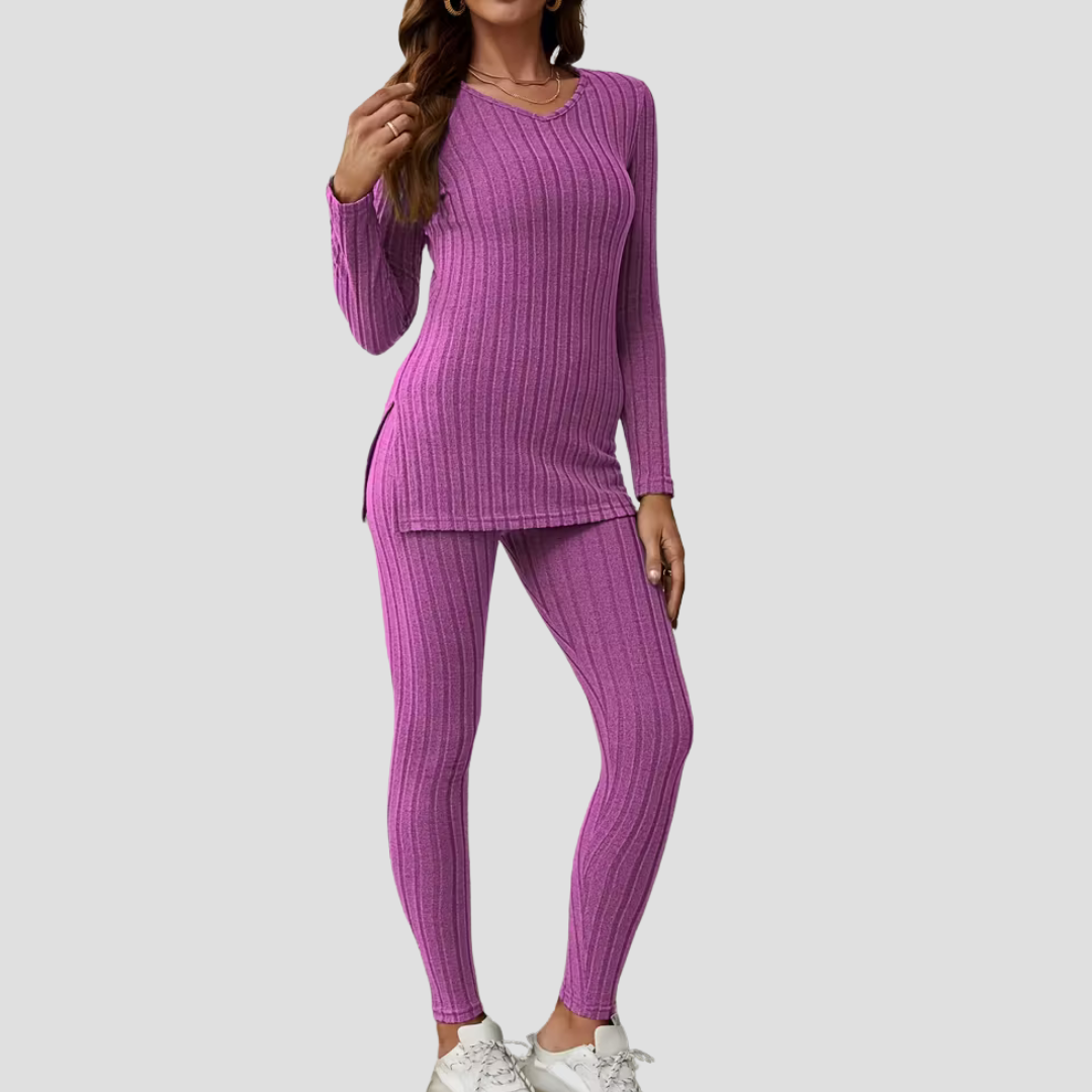 Women's Knitted Co Ord Set Ribbed Long Sleeve Top and Trousers 2