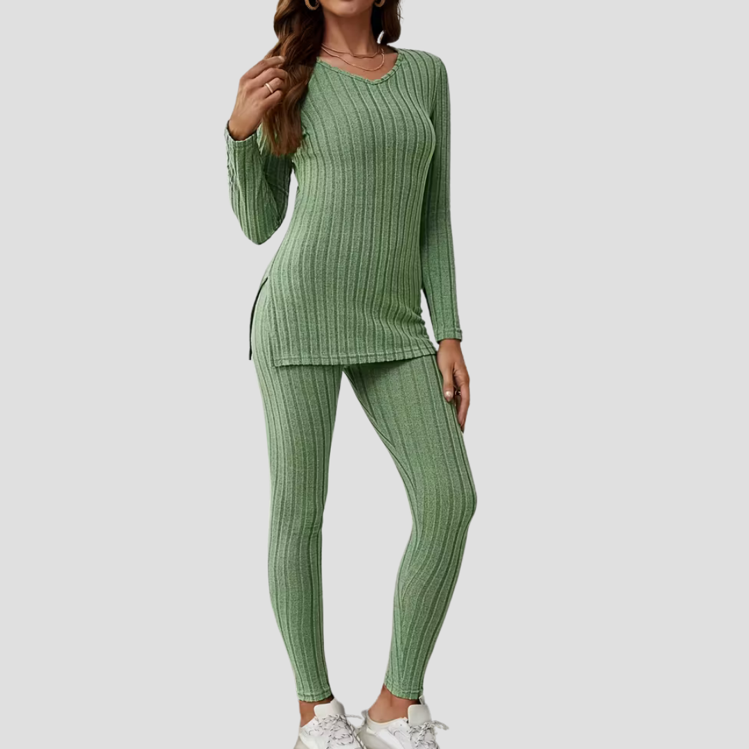 Women's Knitted Co Ord Set Ribbed Long Sleeve Top and Trousers 3