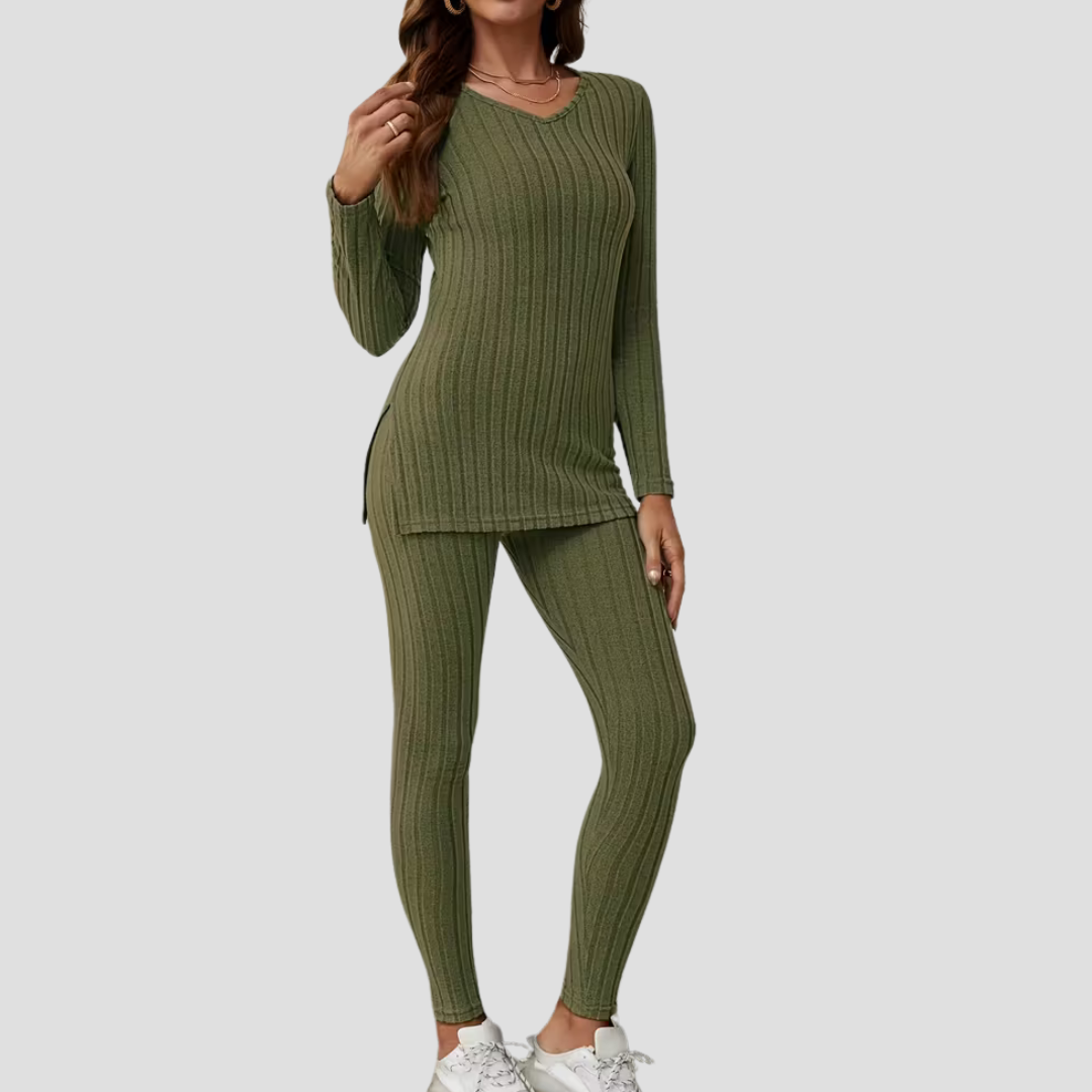 Women's Knitted Co Ord Set Ribbed Long Sleeve Top and Trousers 5