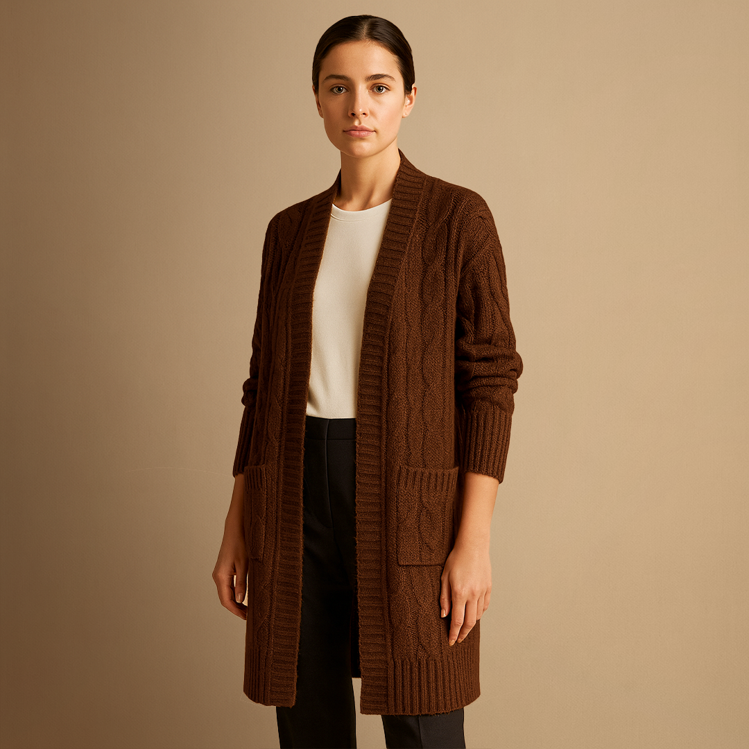 Women's Long Cardigan Black Cable Knit Cozy Layer with Hood and Pockets 2