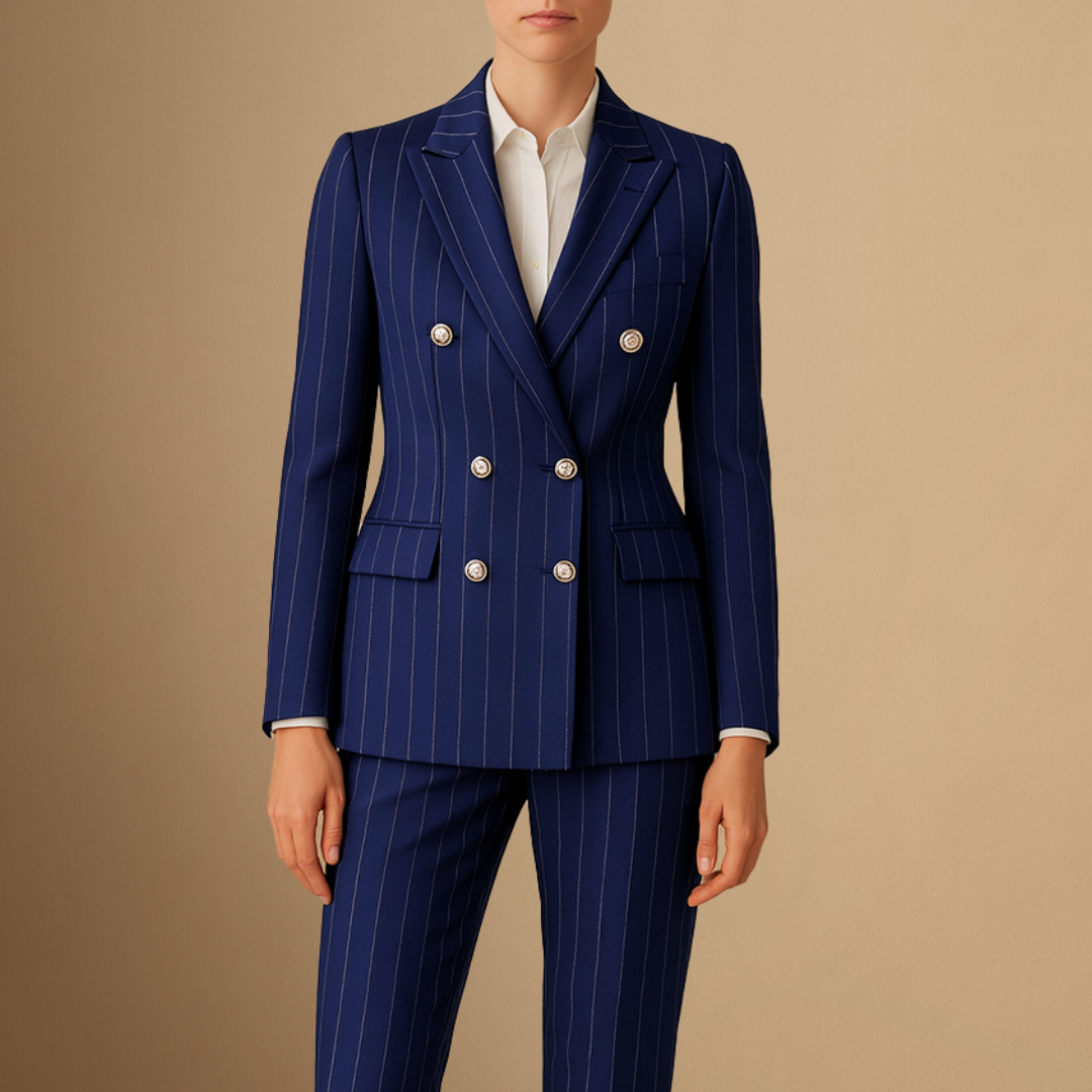 Women's Suit Set Polyester Pinstripe Double-Breasted Blazer Trousers 0