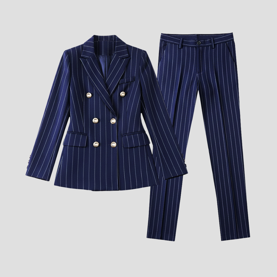 Women's Suit Set Polyester Pinstripe Double-Breasted Blazer Trousers 1