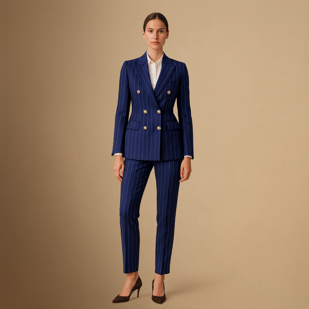 Women's Suit Set Polyester Pinstripe Double-Breasted Blazer Trousers 2