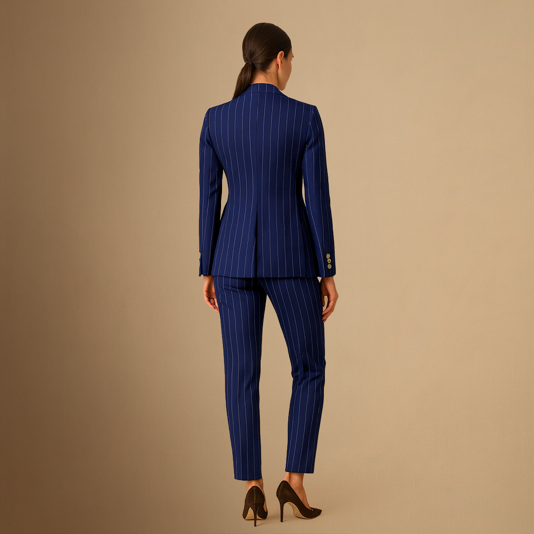 Women's Suit Set Polyester Pinstripe Double-Breasted Blazer Trousers 3