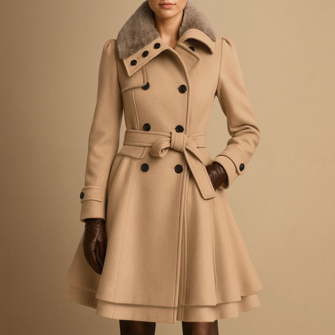 Women's Winter Coat Wool Blend Long Belted Fur Collar 0