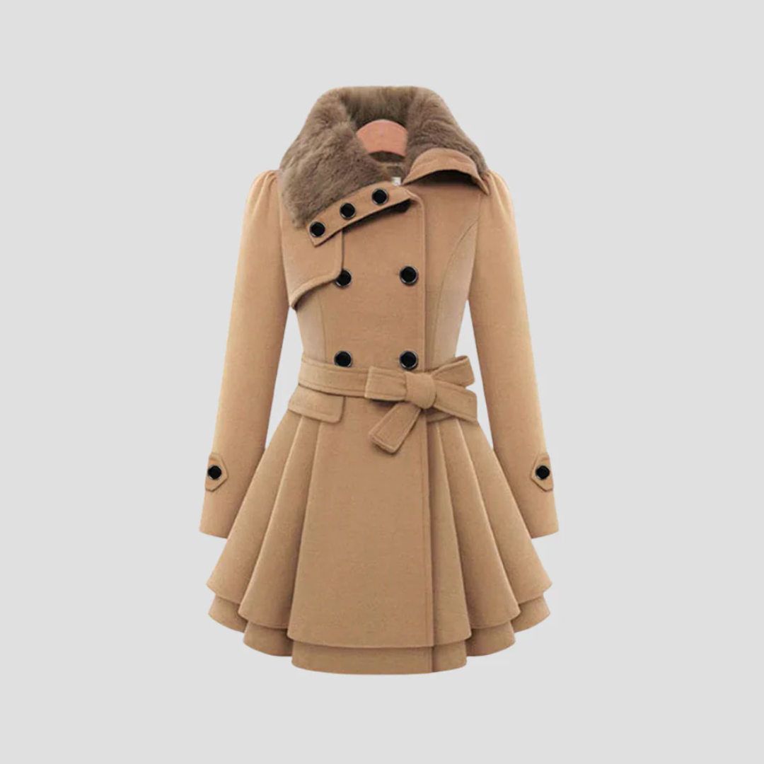 Women's Winter Coat Wool Blend Long Belted Fur Collar 1