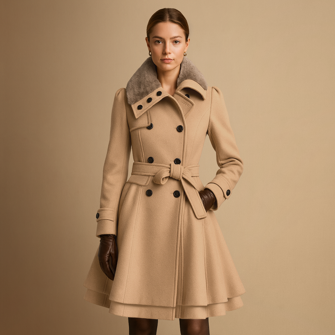 Women's Winter Coat Wool Blend Long Belted Fur Collar 2