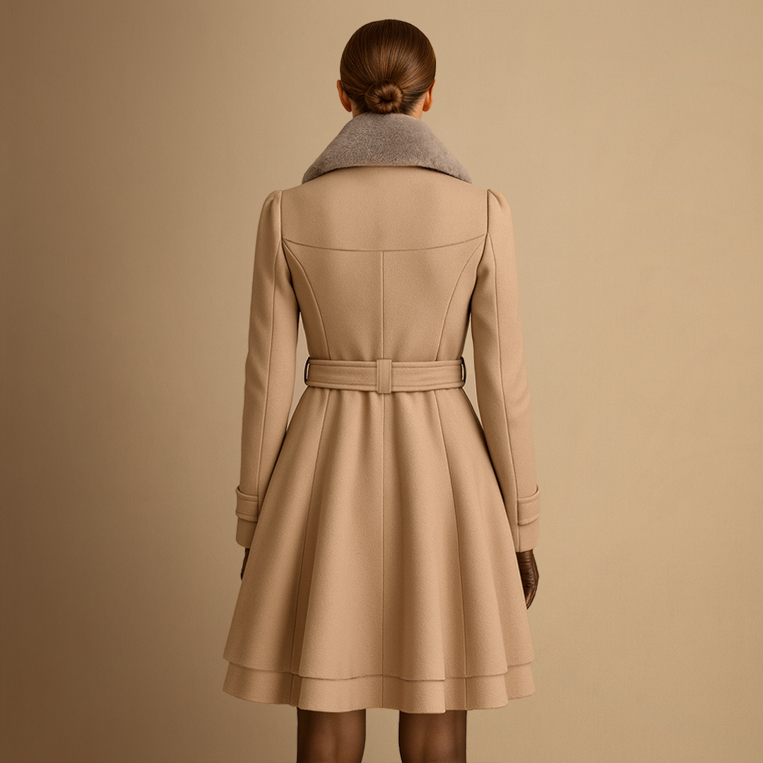 Women's Winter Coat Wool Blend Long Belted Fur Collar 3