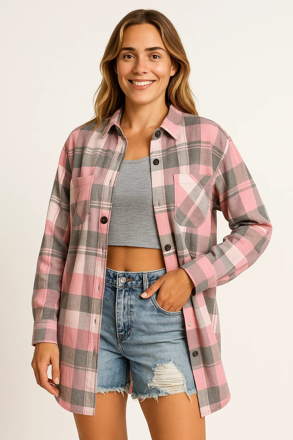 Green Plaid Blouse for Women - Long Sleeve Casual Loose Fit Polyester Top for Autumn and Winter 1