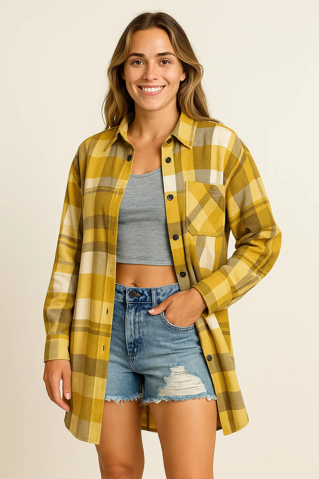Green Plaid Blouse for Women - Long Sleeve Casual Loose Fit Polyester Top for Autumn and Winter 2