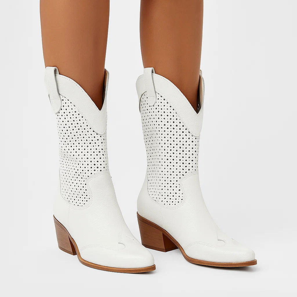White Cowboy Boots for Women, Breathable Leather with Zipper, Casual Cowgirl Boots for Spring and Autumn 3