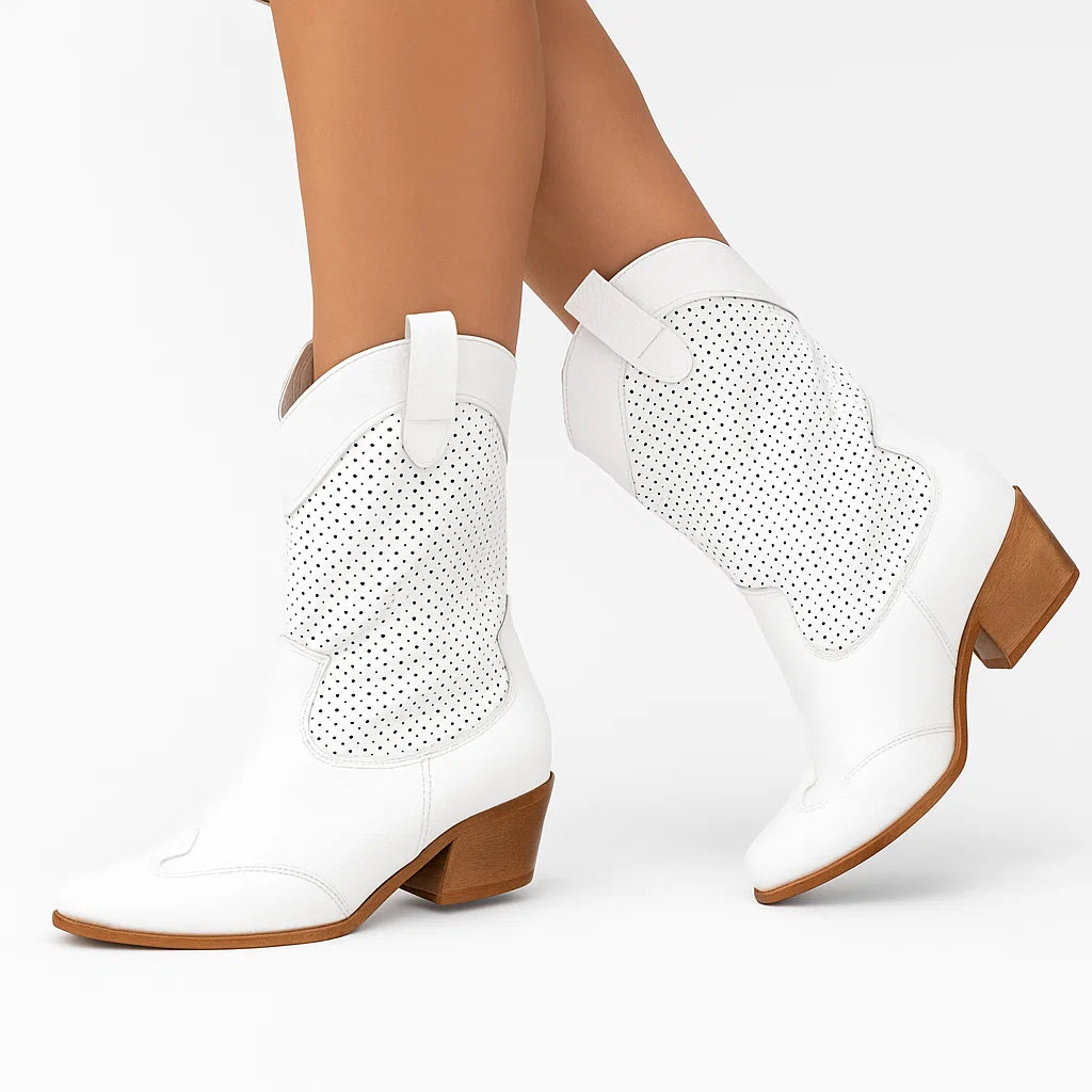 White Cowboy Boots for Women, Breathable Leather with Zipper, Casual Cowgirl Boots for Spring and Autumn 2