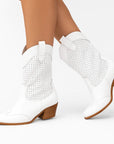 White Cowboy Boots for Women, Breathable Leather with Zipper, Casual Cowgirl Boots for Spring and Autumn 2