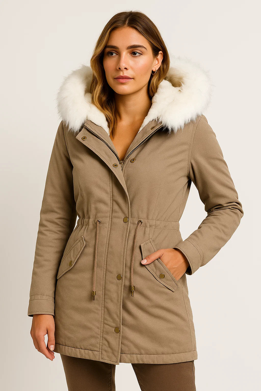 Womens Winter Jacket Grey Polyester Long Hooded Button Detail Fleece-Lined Comfortable and Stylish 2