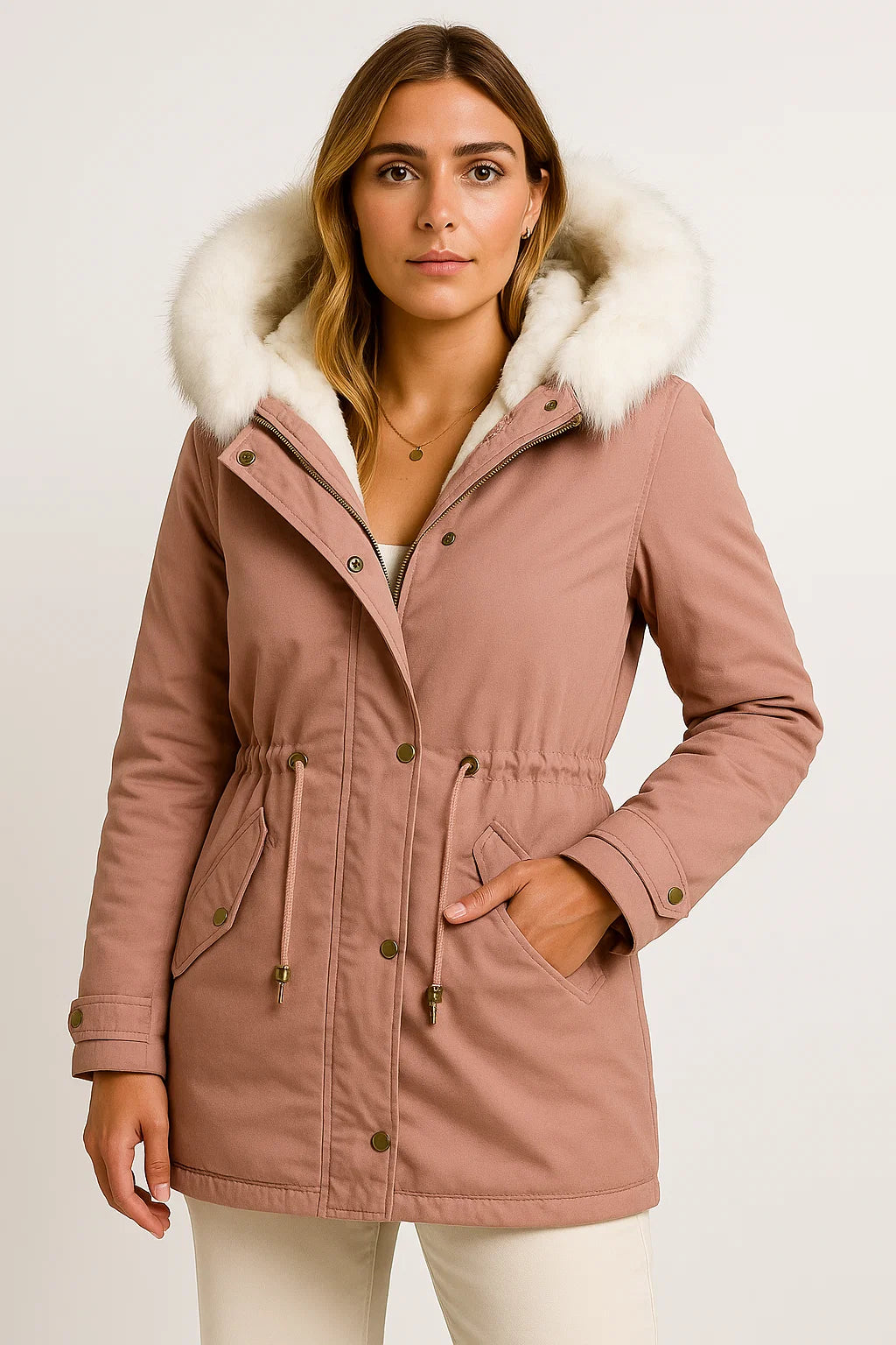 Womens Winter Jacket Grey Polyester Long Hooded Button Detail Fleece-Lined Comfortable and Stylish 4