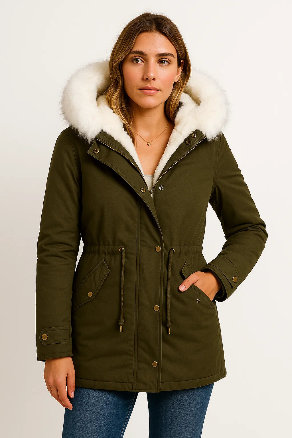 Womens Winter Jacket Grey Polyester Long Hooded Button Detail Fleece-Lined Comfortable and Stylish 5