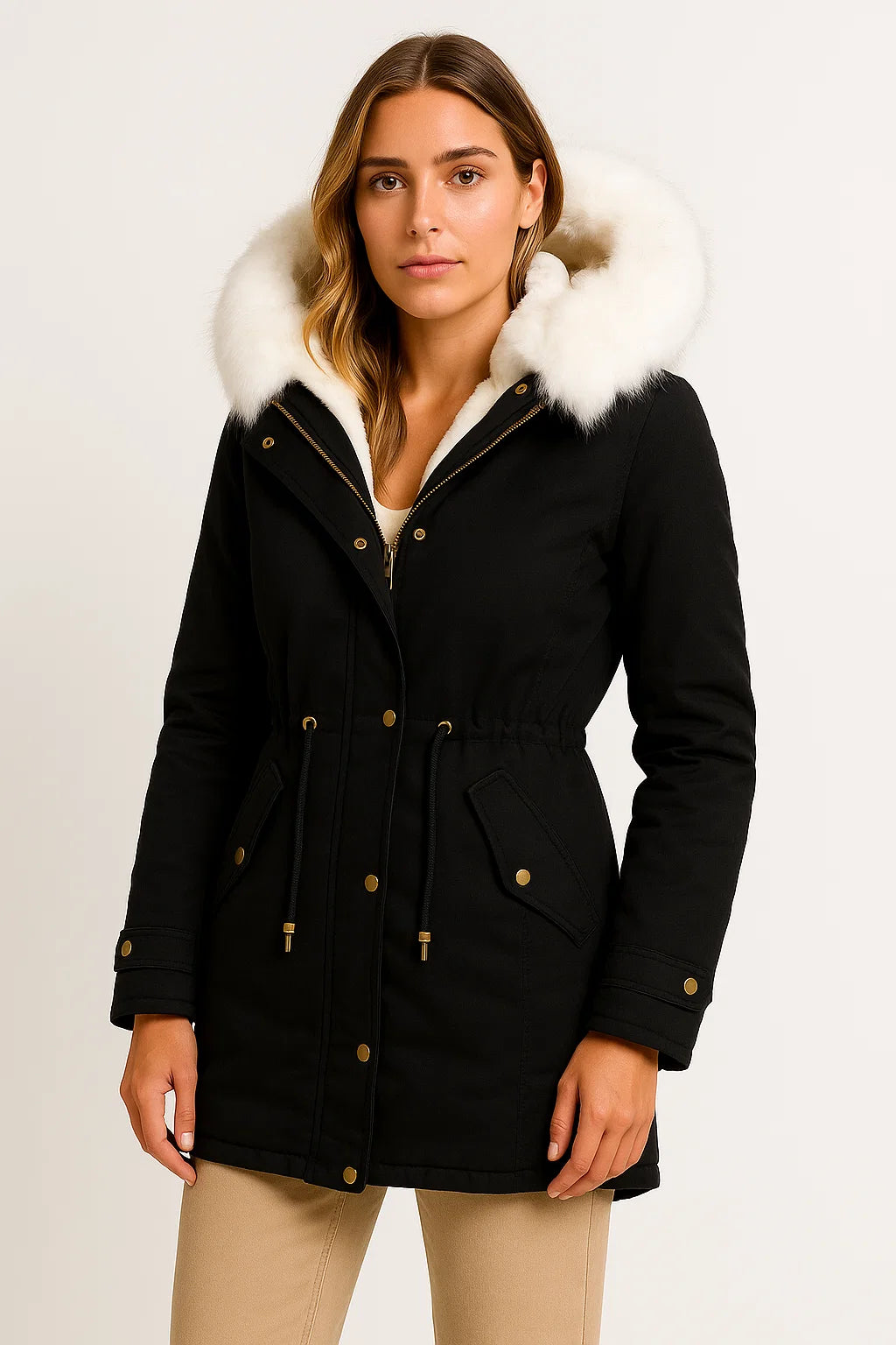 Womens Winter Jacket Grey Polyester Long Hooded Button Detail Fleece-Lined Comfortable and Stylish 1