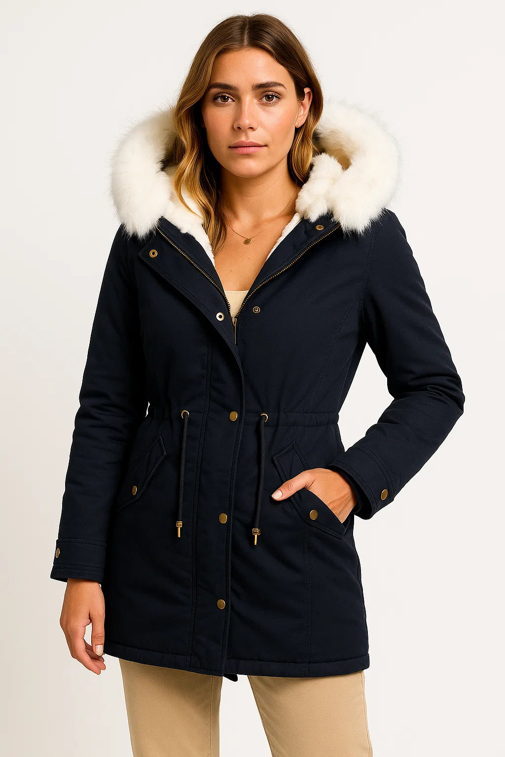 Womens Winter Jacket Grey Polyester Long Hooded Button Detail Fleece-Lined Comfortable and Stylish 3