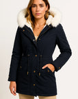 Womens Winter Jacket Grey Polyester Long Hooded Button Detail Fleece-Lined Comfortable and Stylish 3