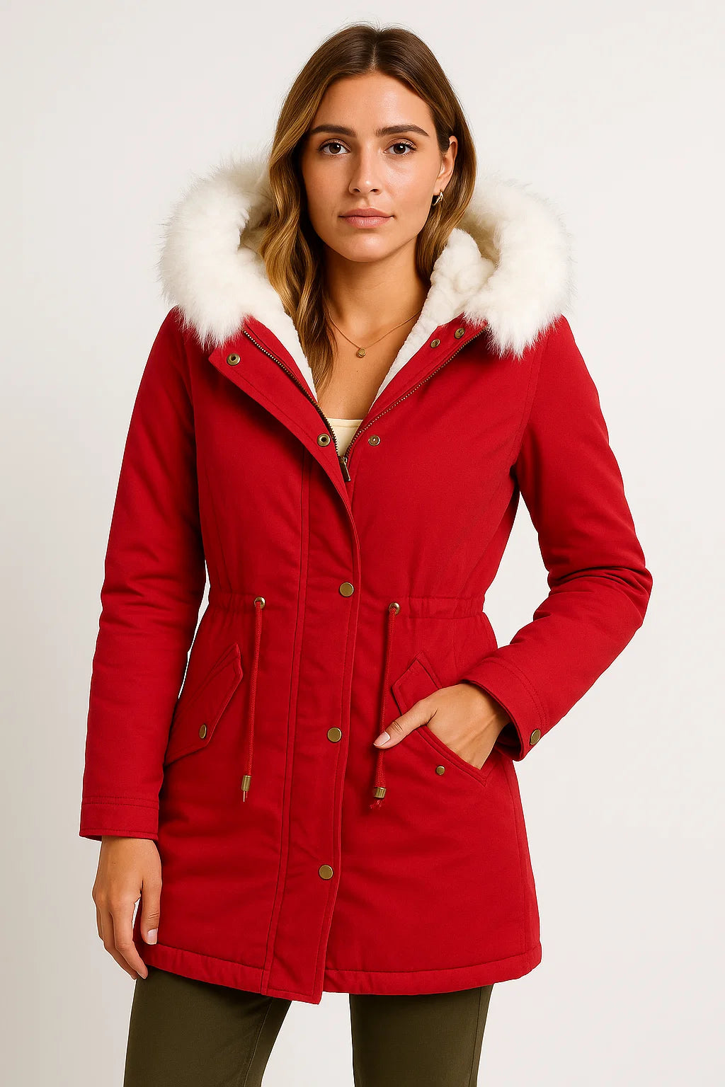 Womens Winter Jacket Grey Polyester Long Hooded Button Detail Fleece-Lined Comfortable and Stylish 6