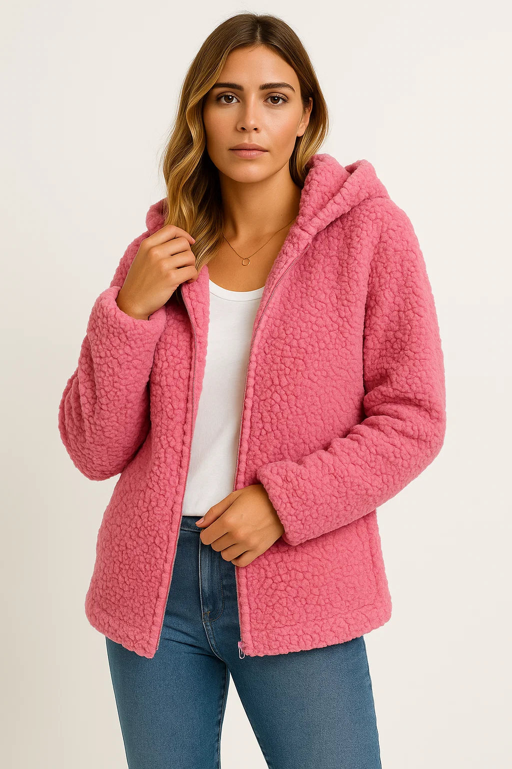 Womens Coat Beige Teddy Fleece With Pockets Zipper Elegant Winter Jacket 1